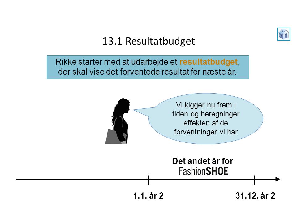 13.1 Resultatbudget Rikke starter med at udarbejde et resultatbudget, der skal vise det forventede resultat for næste år.