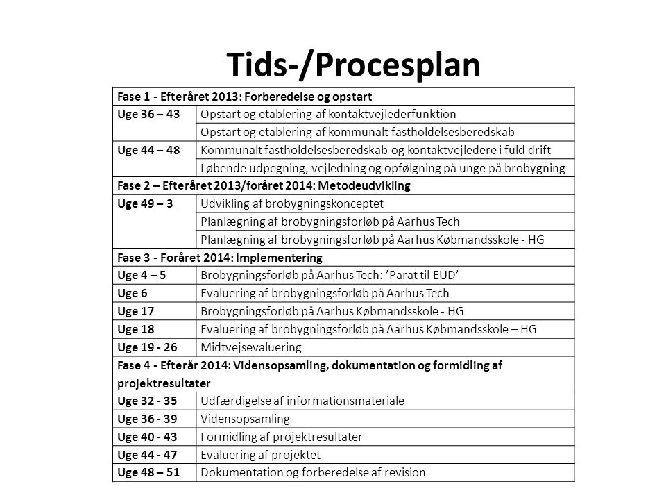 Tids-/Procesplan Fase 1 - Efteråret 2013: Forberedelse og opstart