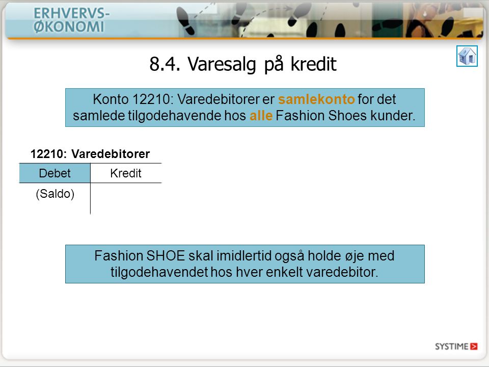 8.4. Varesalg på kredit Konto 12210: Varedebitorer er samlekonto for det samlede tilgodehavende hos alle Fashion Shoes kunder.