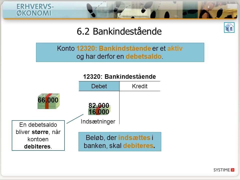 6.2 Bankindestående Konto 12320: Bankindstående er et aktiv og har derfor en debetsaldo : Bankindestående.