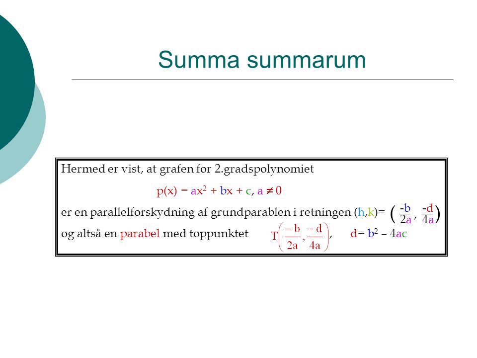 Summa summarum ( , ) Hermed er vist, at grafen for 2.gradspolynomiet