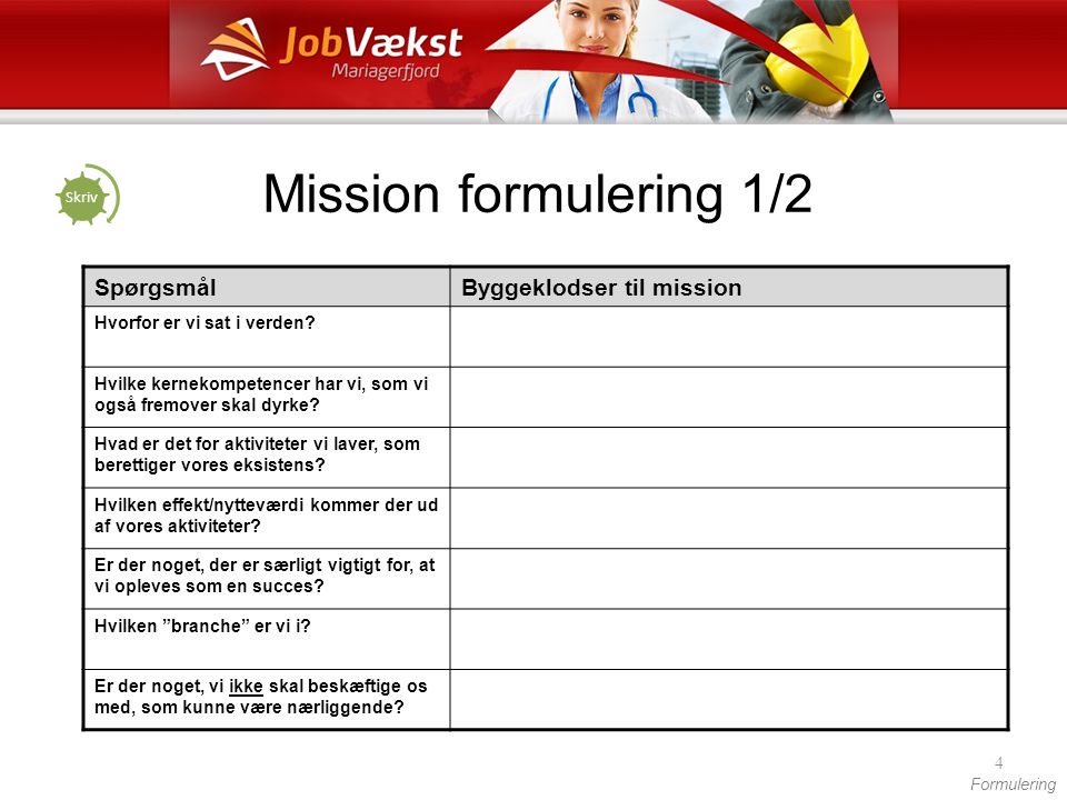 Mission formulering 1/2 Spørgsmål Byggeklodser til mission
