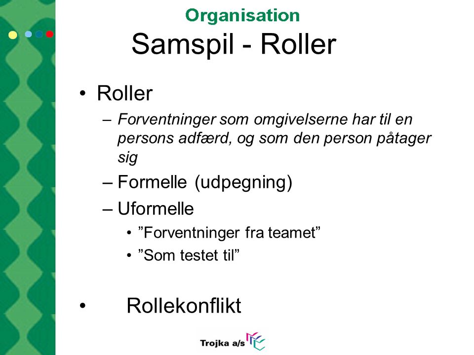 Samspil - Roller Roller Rollekonflikt Formelle (udpegning) Uformelle