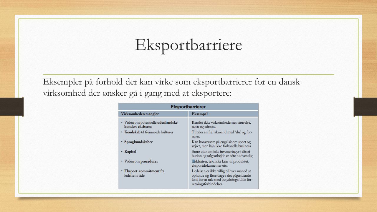 Eksportbarriere Eksempler på forhold der kan virke som eksportbarrierer for en dansk virksomhed der ønsker gå i gang med at eksportere: