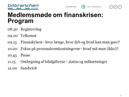 Hans Vestergaard 24feb.09 Finanskrisen 1 Medlemsmøde om finanskrisen: Program 08.30Registrering 09.00Velkomst 09.15Finanskrisen - hvor længe, hvor dyb.
