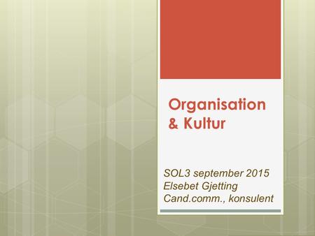 Organisation & Kultur SOL3 september 2015 Elsebet Gjetting Cand.comm., konsulent.