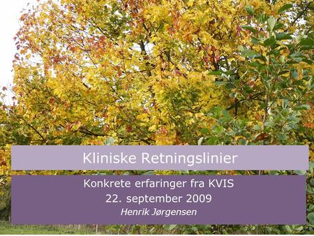 Konkrete erfaringer fra KVIS 22. september 2009 Henrik Jørgensen Kliniske Retningslinier.