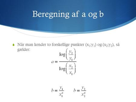 Beregning af a og b Når man kender to forskellige punkter (x1;y1) og (x2;y2), så gælder: