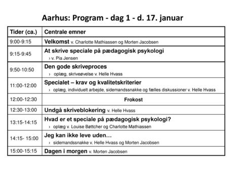 Aarhus: Program - dag 1 - d. 17. januar