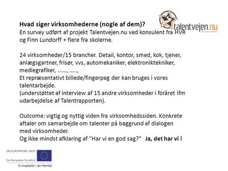 Hvad siger virksomhederne (nogle af dem)? En survey udført af projekt Talentvejen.nu ved konsulent fra HVR og Finn Lundorff + flere fra skolerne. 24 virksomheder/15.