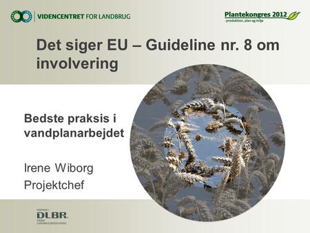 Bedste praksis i vandplanarbejdet Irene Wiborg Projektchef Det siger EU – Guideline nr. 8 om involvering.