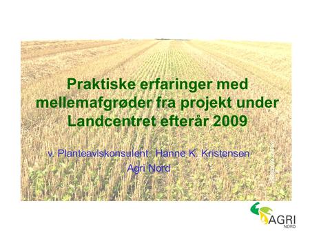 Praktiske erfaringer med mellemafgrøder fra projekt under Landcentret efterår 2009 v. Planteavlskonsulent. Hanne K. Kristensen Agri Nord.