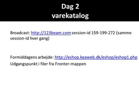 Dag 2 varekatalog Broadcast:  session-id 159-199-272 (samme session-id hver gang)http://123beam.com Formiddagens arbejde: