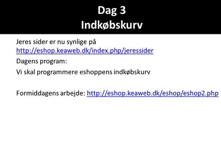 Dag 3 Indkøbskurv Jeres sider er nu synlige på   Dagens program:
