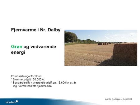 Fjernvarme i Nr. Dalby Grøn og vedvarende energi Forudsætninger for tilbud: * Skønnet udgift 130.000 kr. * Besparelse ift. nuværende udgift ca. 13.600.