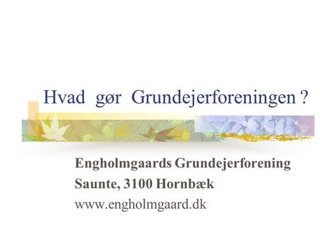 Hvad gør Grundejerforeningen ? Engholmgaards Grundejerforening Saunte, 3100 Hornbæk www.engholmgaard.dk.