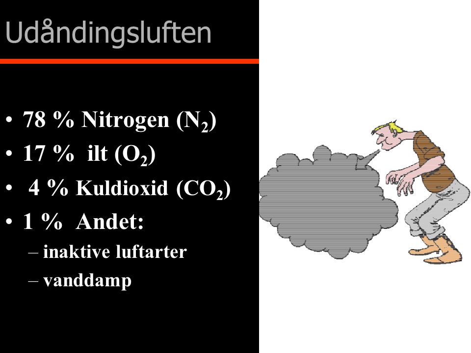 Udåndingsluften 78 % Nitrogen (N2) 17 % ilt (O2) 4 % Kuldioxid (CO2)