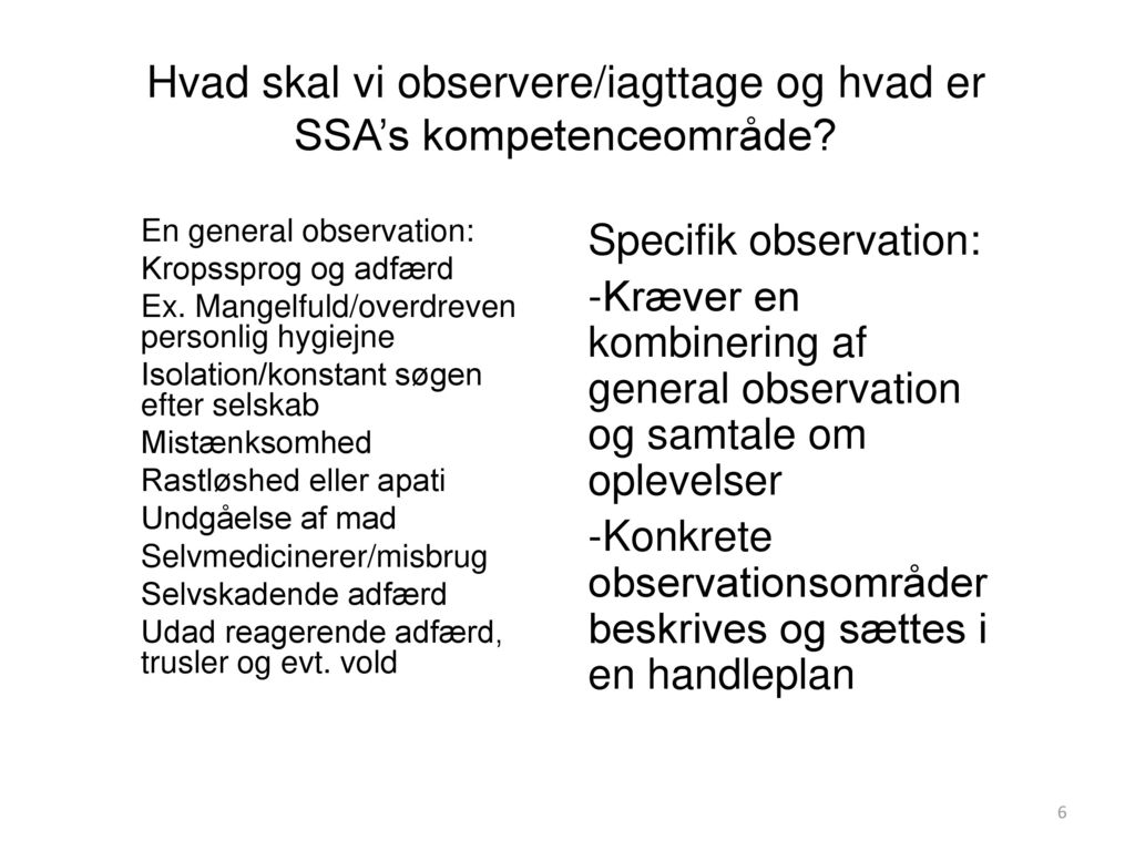 Hvad skal vi observere/iagttage og hvad er SSA’s kompetenceområde