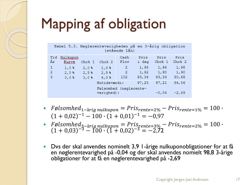 Mapping af obligation 𝐹ø𝑙𝑠𝑜𝑚ℎ𝑒𝑑 1−å𝑟𝑖𝑔 𝑛𝑢𝑙𝑘𝑢𝑝𝑜𝑛 = 𝑃𝑟𝑖𝑠 𝑟𝑒𝑛𝑡𝑒=2% − 𝑃𝑟𝑖𝑠 𝑟𝑒𝑛𝑡𝑒=1% =100∙ 1+0,02 −1 −100∙ 1+0,01 −1 =−0,97.