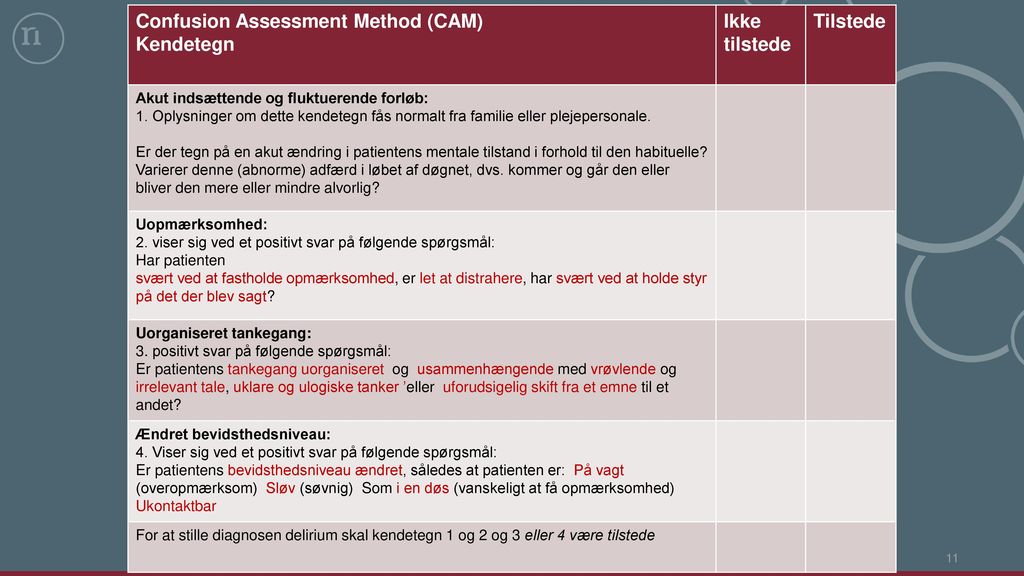 Confusion Assessment Method (CAM) Kendetegn Ikke tilstede Tilstede