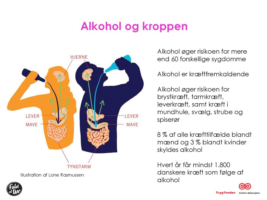 Alkohol og kroppen Alkohol øger risikoen for mere end 60 forskellige sygdomme. Alkohol er kræftfremkaldende.