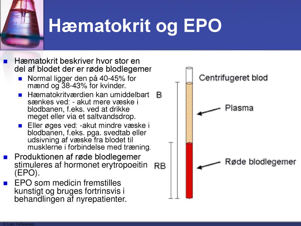 Hæmatokrit og EPO Hæmatokrit beskriver hvor stor en del af blodet der er røde blodlegemer.