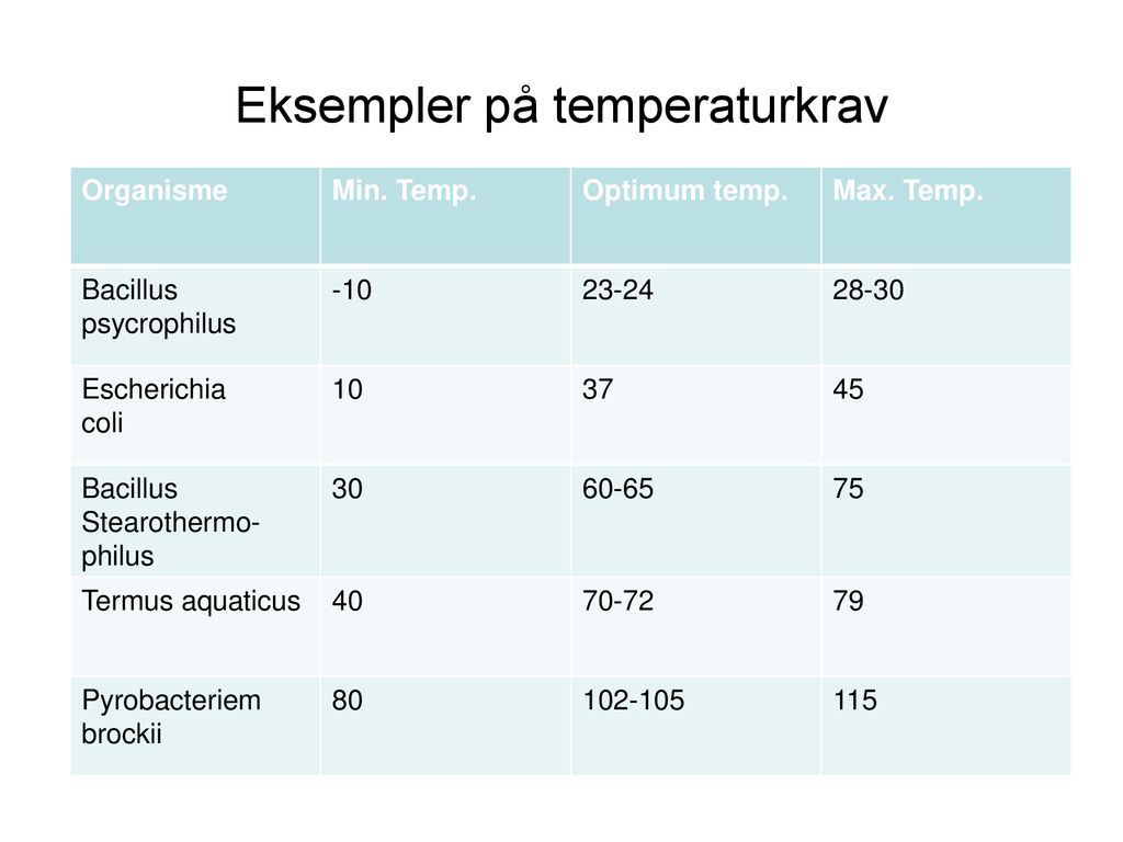 Eksempler på temperaturkrav