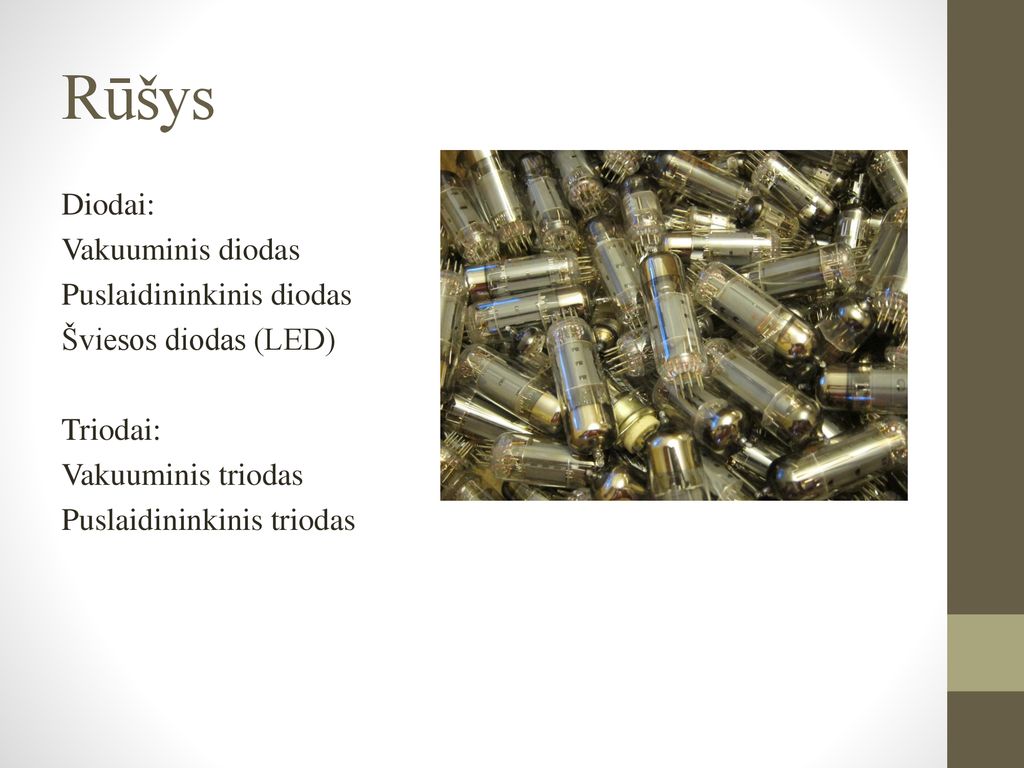 Rūšys Diodai: Vakuuminis diodas Puslaidininkinis diodas Šviesos diodas (LED) Triodai: Vakuuminis triodas Puslaidininkinis triodas