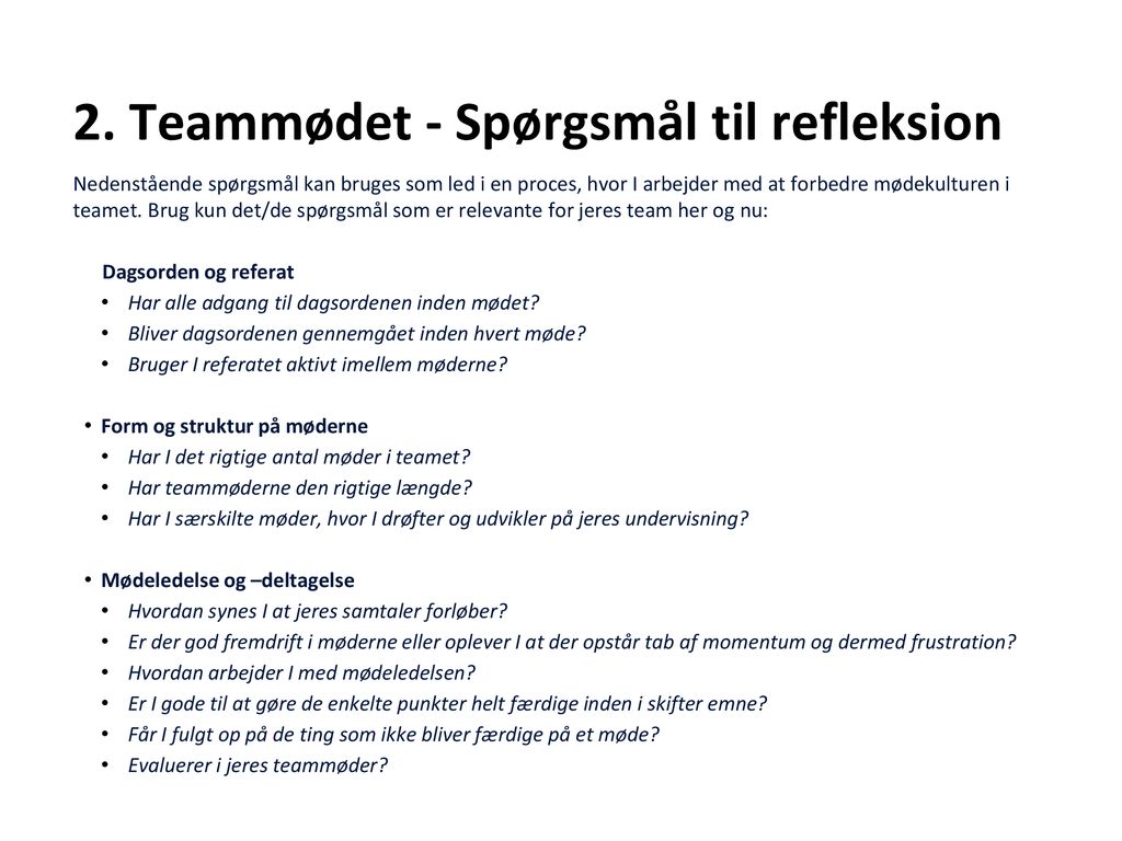 2. Teammødet - Spørgsmål til refleksion
