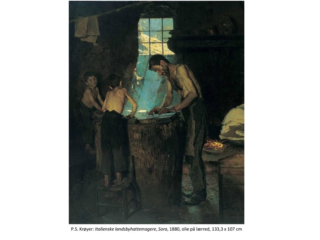 P.S. Krøyer: Italienske landsbyhattemagere, Sora, 1880, olie på lærred, 133,3 x 107 cm
