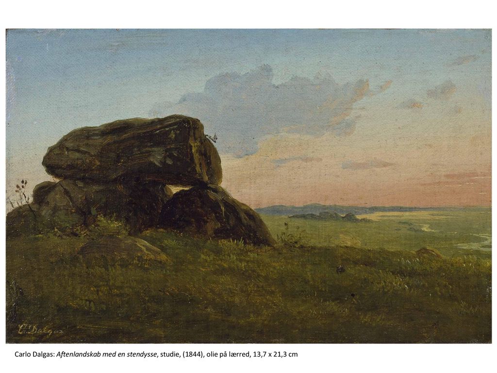 Carlo Dalgas: Aftenlandskab med en stendysse, studie, (1844), olie på lærred, 13,7 x 21,3 cm
