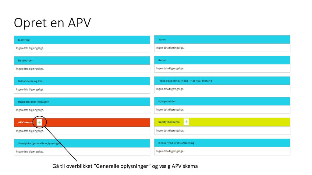 Opret en APV Gå til overblikket Generelle oplysninger og vælg APV skema