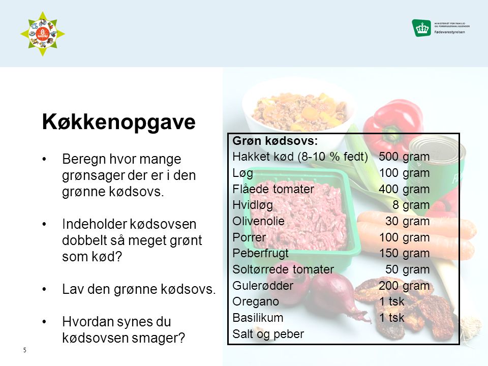 Køkkenopgave Beregn hvor mange grønsager der er i den grønne kødsovs.