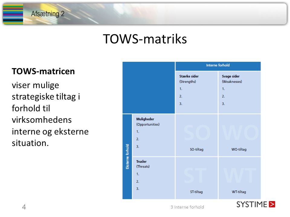 TOWS-matriks TOWS-matricen viser mulige strategiske tiltag i forhold til virksomhedens interne og eksterne situation.