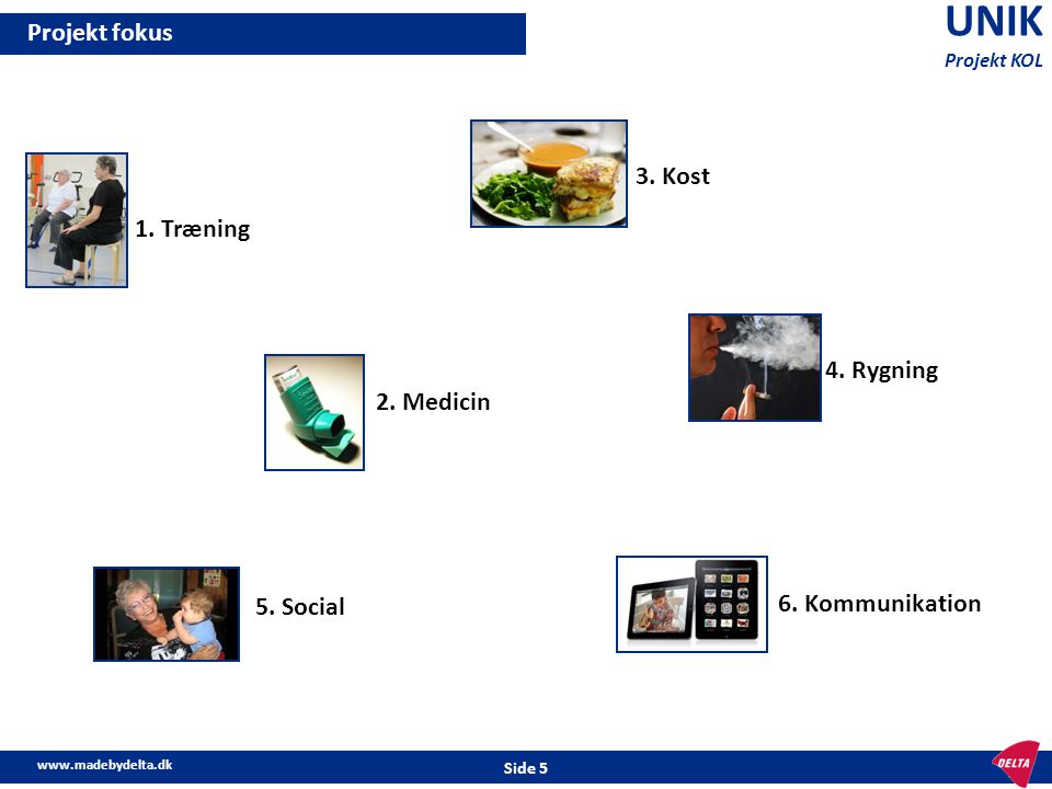 UNIK Projekt fokus 3. Kost 1. Træning 4. Rygning 2. Medicin 5. Social