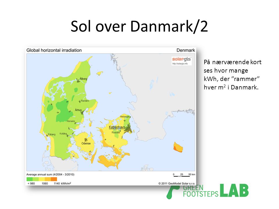 Sol over Danmark/2 På nærværende kort ses hvor mange kWh, der rammer hver m2 i Danmark.