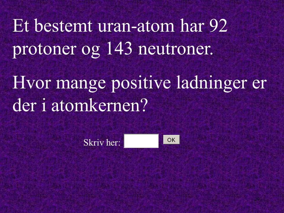 Et bestemt uran-atom har 92 protoner og 143 neutroner.