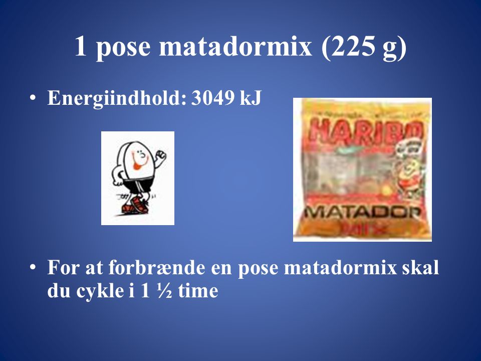 1 pose matadormix (225 g) Energiindhold: 3049 kJ