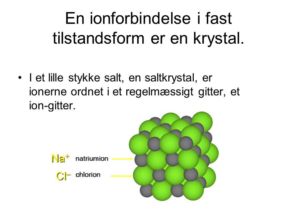 En ionforbindelse i fast tilstandsform er en krystal.
