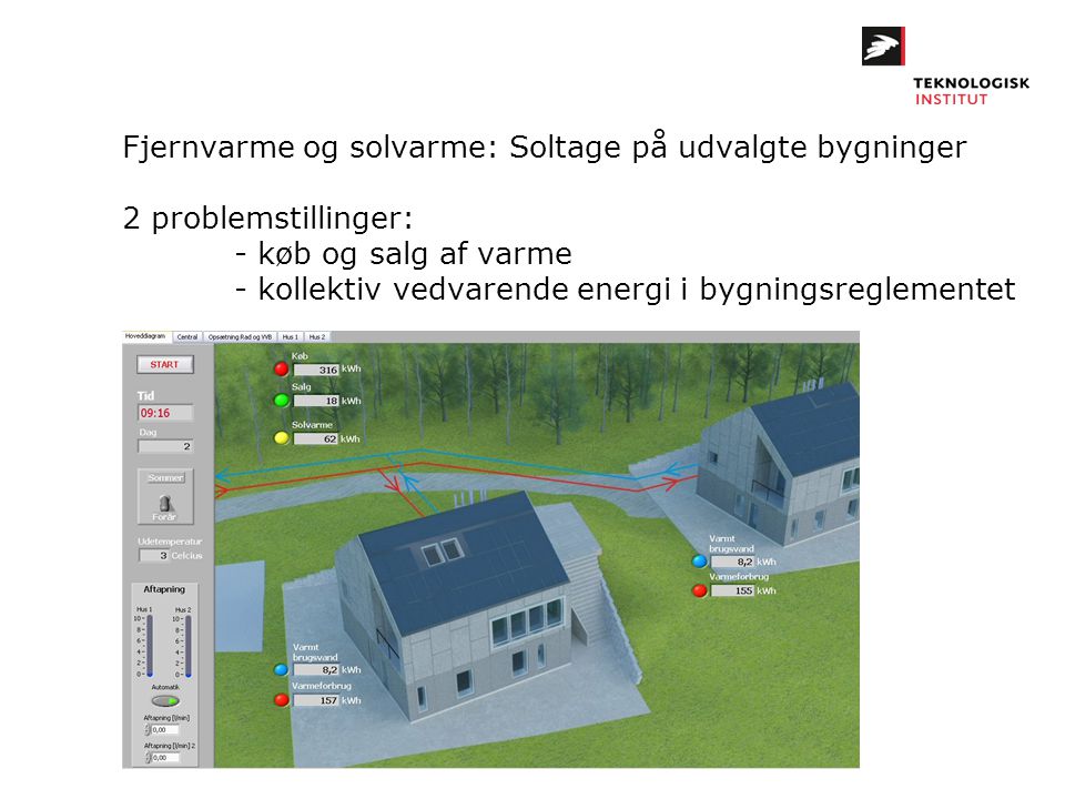 Fjernvarme og solvarme: Soltage på udvalgte bygninger 2 problemstillinger: - køb og salg af varme - kollektiv vedvarende energi i bygningsreglementet