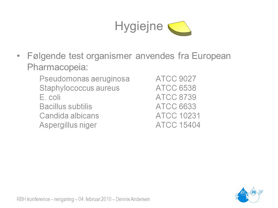 Hygiejne Følgende test organismer anvendes fra European Pharmacopeia: