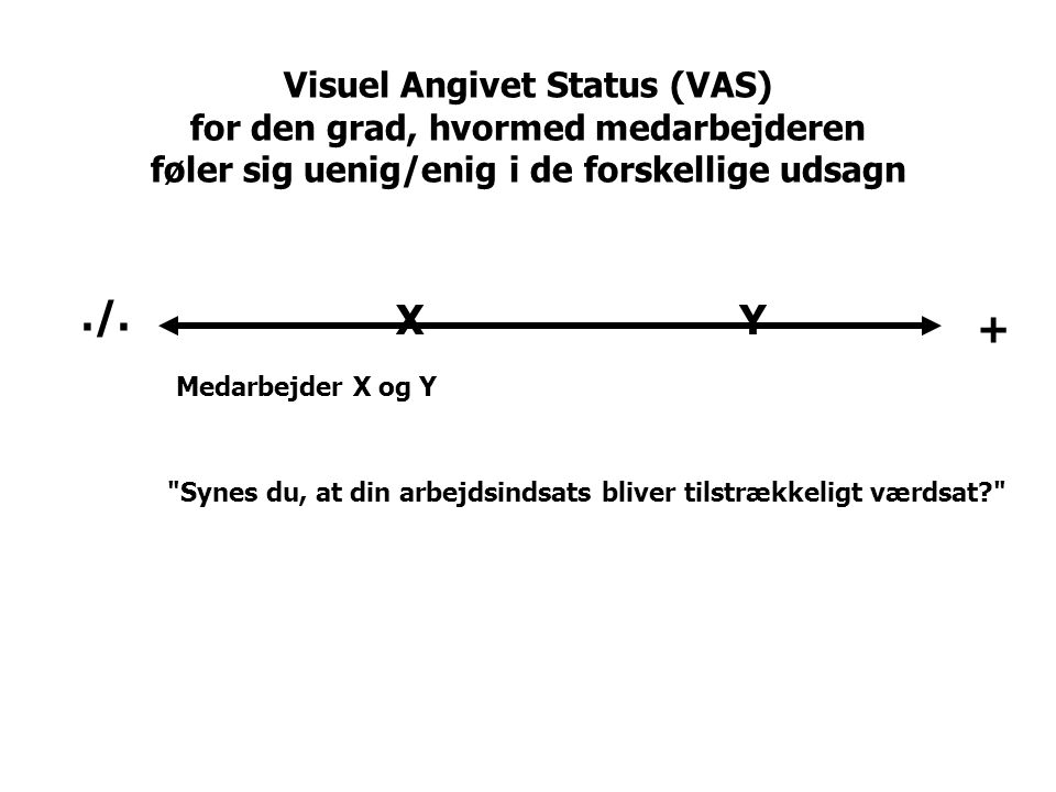 Visuel Angivet Status (VAS) for den grad, hvormed medarbejderen føler sig uenig/enig i de forskellige udsagn