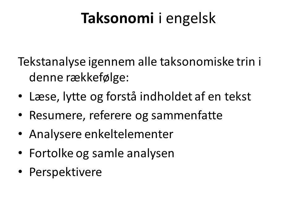 Taksonomi i engelsk Tekstanalyse igennem alle taksonomiske trin i denne rækkefølge: Læse, lytte og forstå indholdet af en tekst.