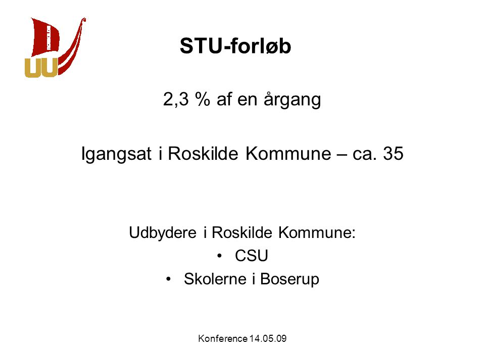 STU-forløb 2,3 % af en årgang Igangsat i Roskilde Kommune – ca. 35