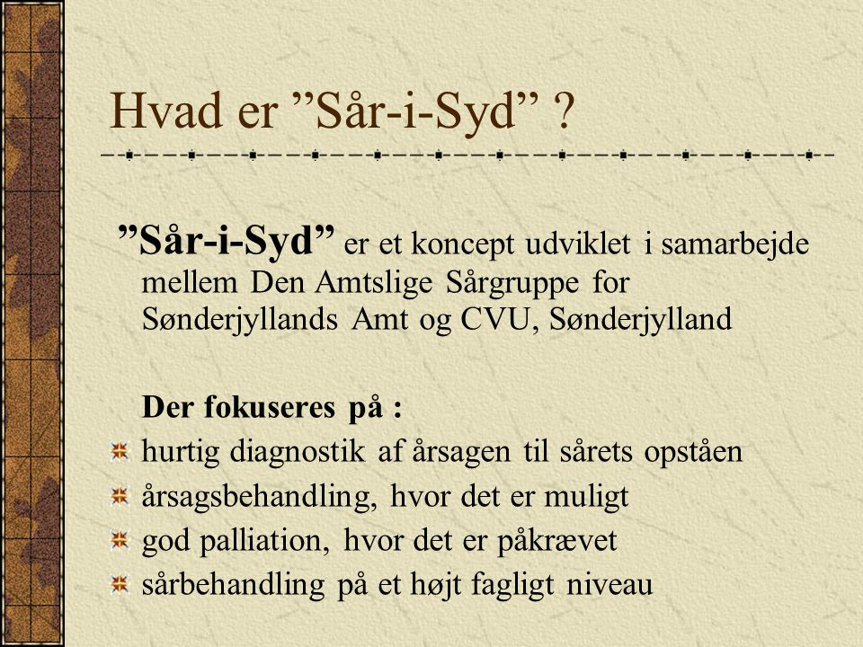 Hvad er Sår-i-Syd Sår-i-Syd er et koncept udviklet i samarbejde mellem Den Amtslige Sårgruppe for Sønderjyllands Amt og CVU, Sønderjylland.