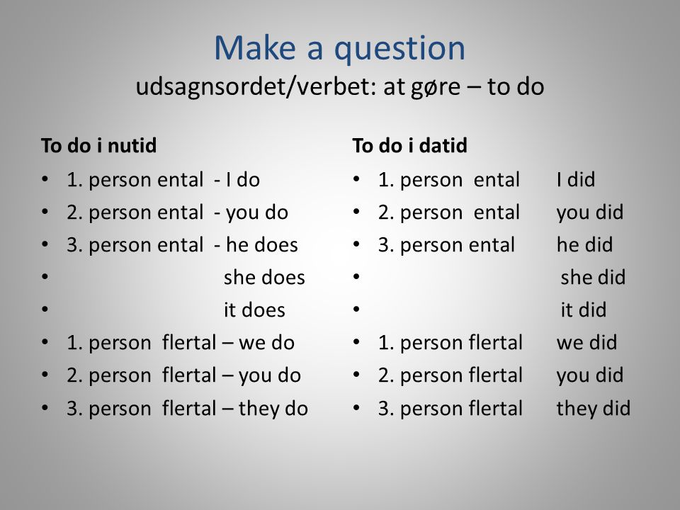 Make a question udsagnsordet/verbet: at gøre – to do