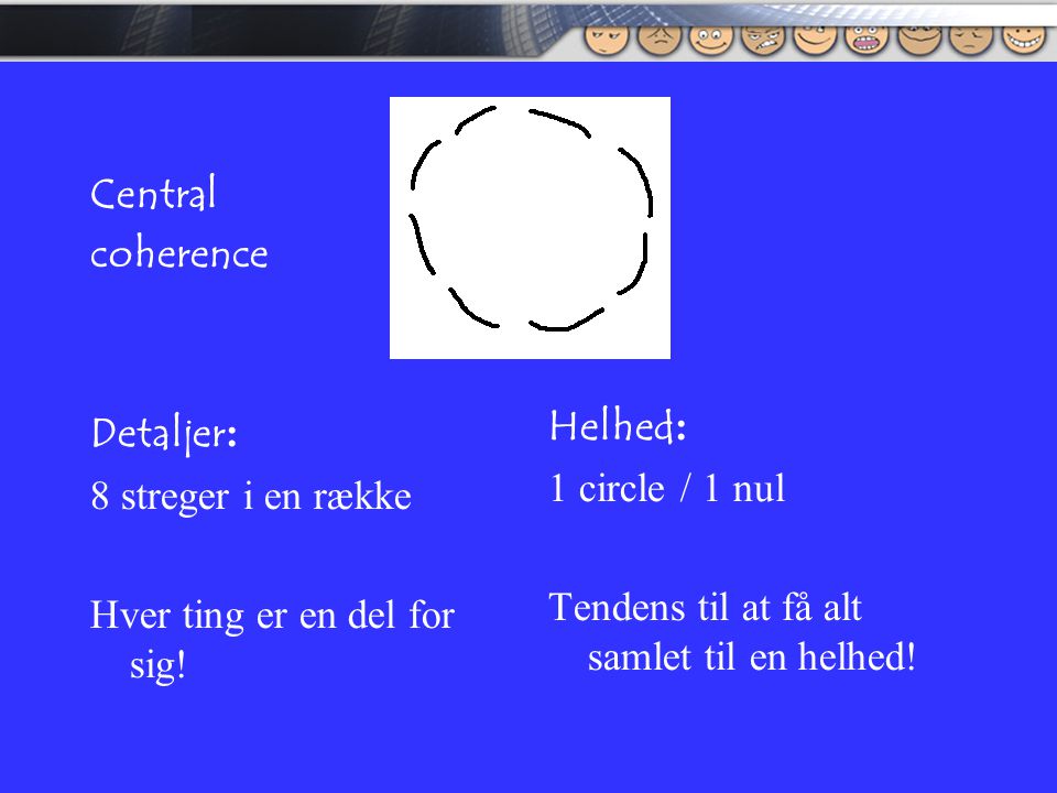 Central coherence. Detaljer: 8 streger i en række. Hver ting er en del for sig! Helhed: 1 circle / 1 nul.