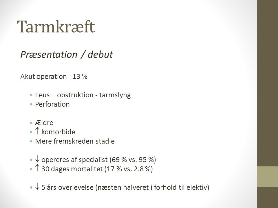 Tarmkræft Præsentation / debut Akut operation 13 %