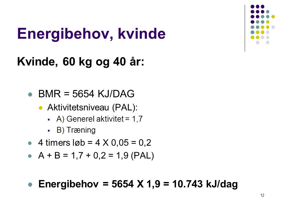 Energibehov, kvinde Kvinde, 60 kg og 40 år: BMR = 5654 KJ/DAG