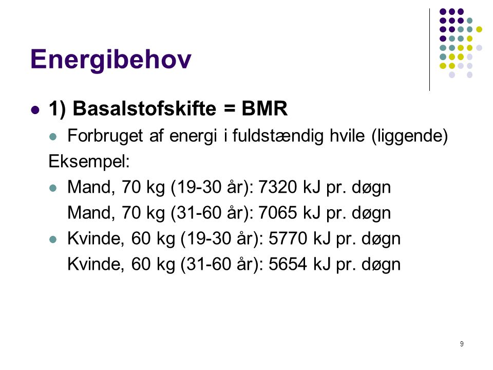 Energibehov 1) Basalstofskifte = BMR